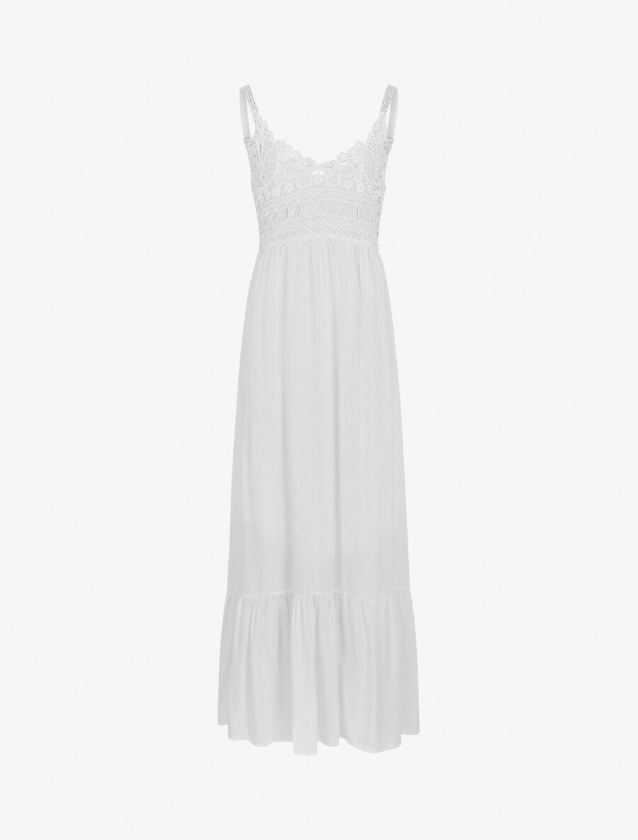 Robe longue à bretelles et col en dentelle - Blanc - 1