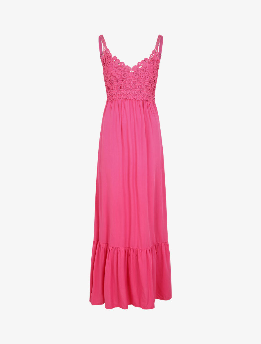 Robe longue à bretelles et col en dentelle - Fuschia - 1