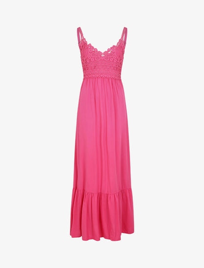 Robe longue à bretelles et col en dentelle - Fuschia - 1