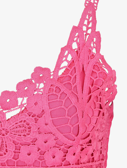 Robe longue à bretelles et col en dentelle - Fuschia - 3