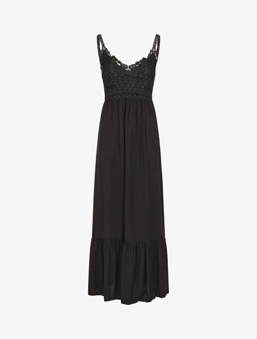 Robe longue à bretelles et col en dentelle - Noir - 4