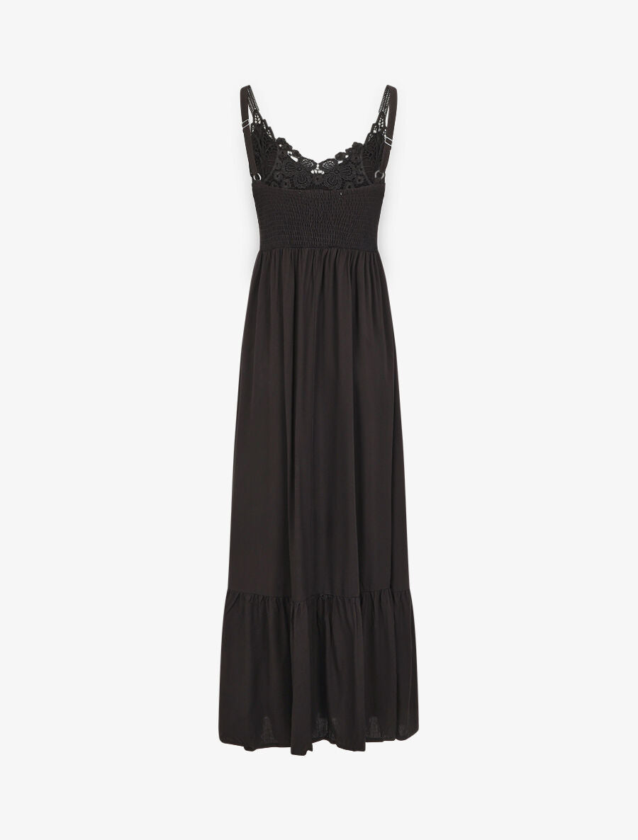 Robe longue à bretelles et col en dentelle - Noir - 2