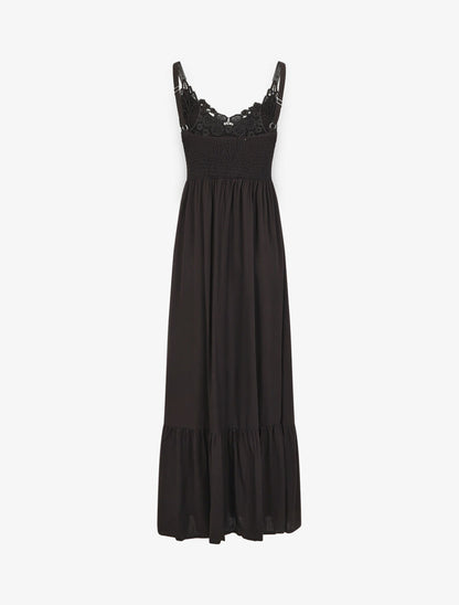 Robe longue à bretelles et col en dentelle - Noir - 2