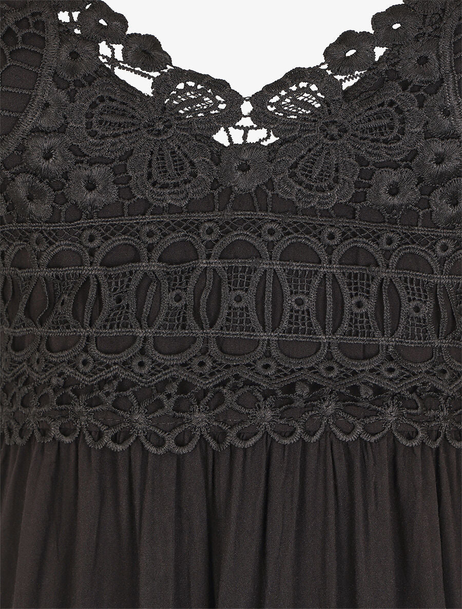 Robe longue à bretelles et col en dentelle - Noir - 3