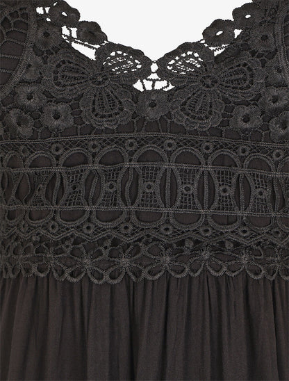 Robe longue à bretelles et col en dentelle - Noir - 3