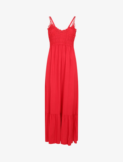 Robe longue à bretelles et col en dentelle - Rouge - 5
