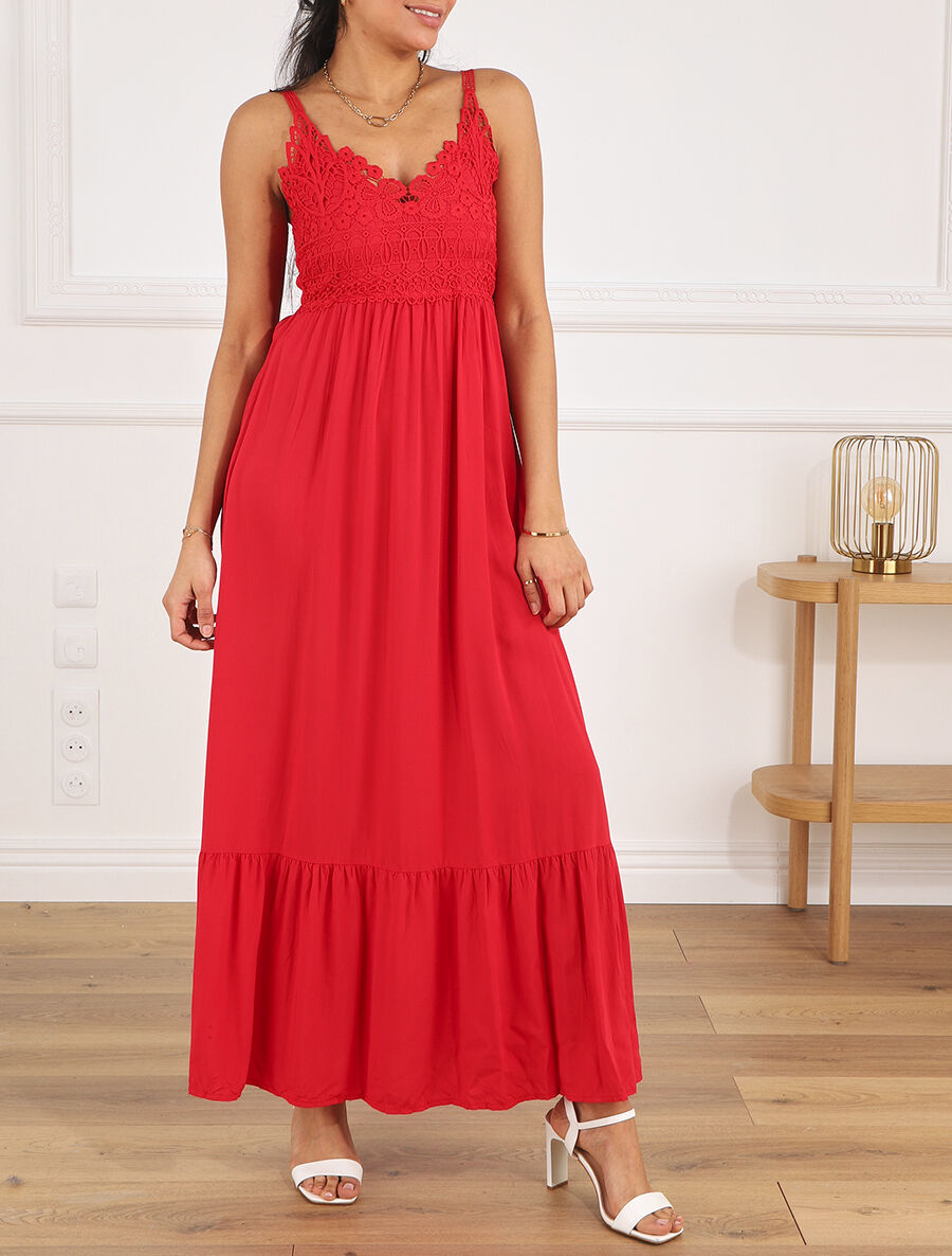 Robe longue à bretelles et col en dentelle - Rouge - 4