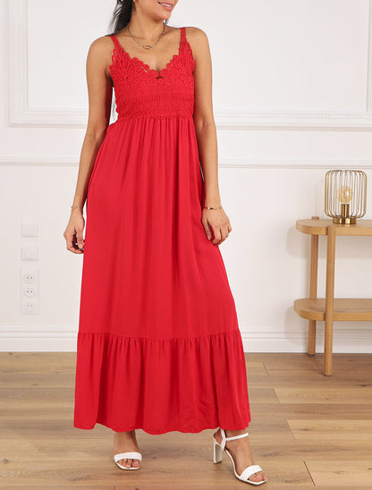 Robe longue à bretelles et col en dentelle - Rouge - 4