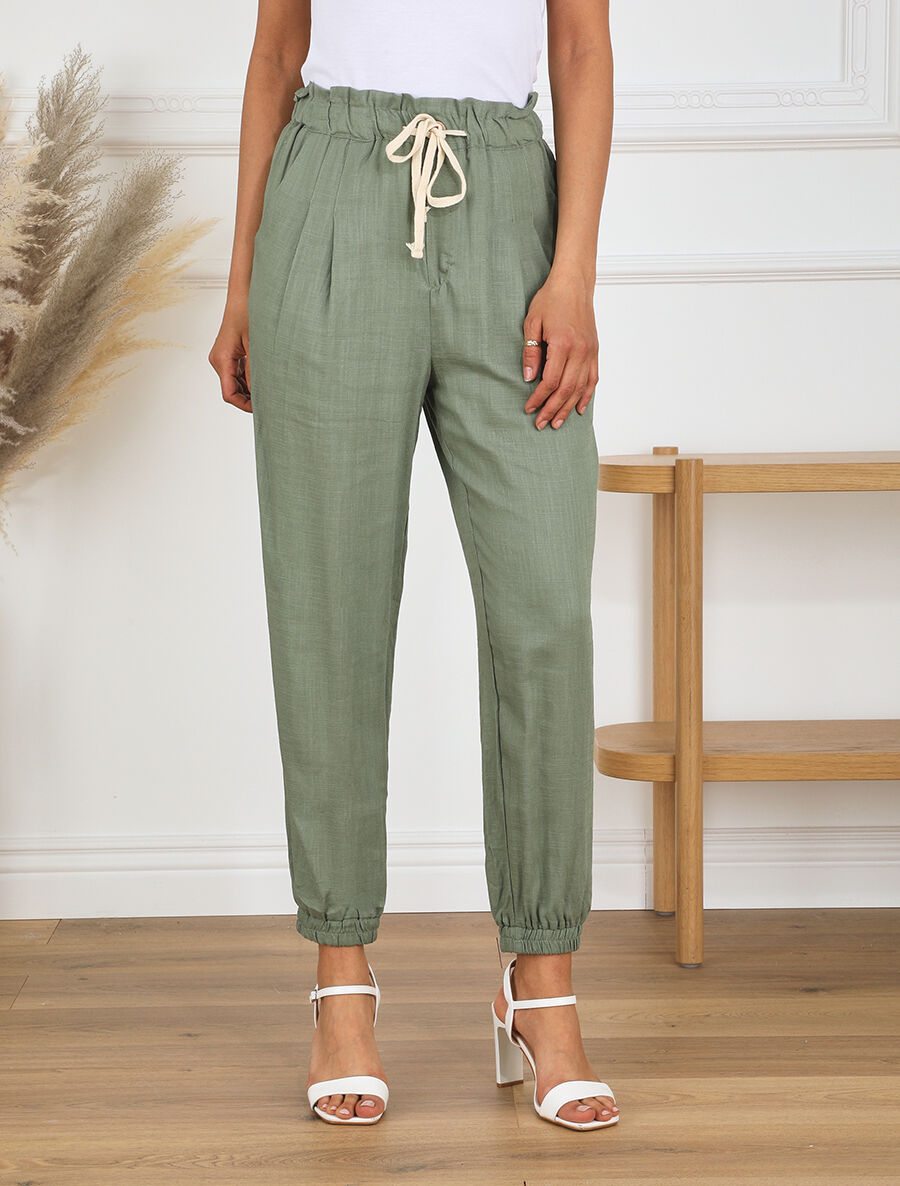 Pantalon droit style jogging effet lin - Kaki - 4