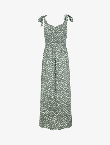 Robe longue imprimé fantaisie à bretelles à nouer - Vert gris - 2