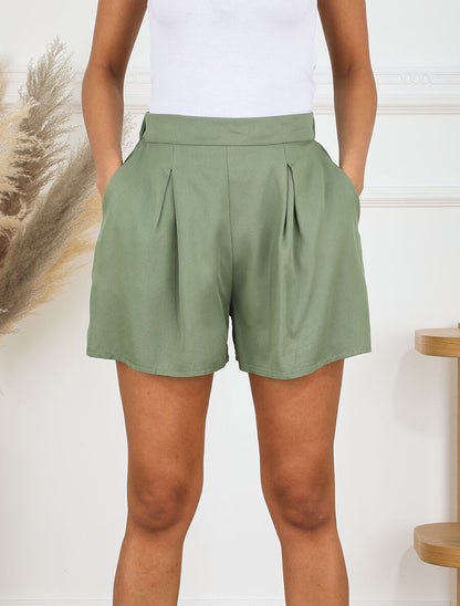 Short taille haute évasé uni - Kaki - 4