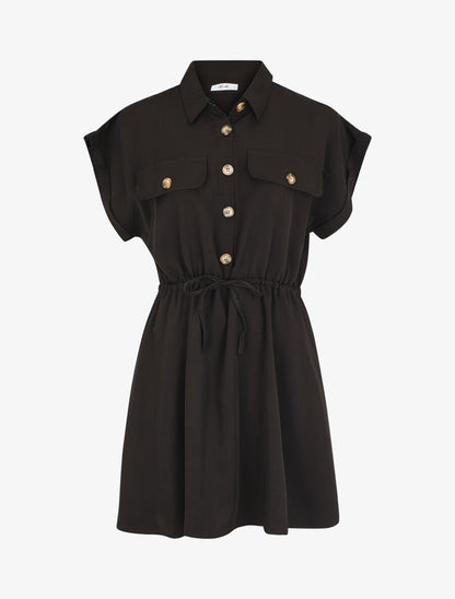 Robe chemise courte unie manches courtes - Noir - 1