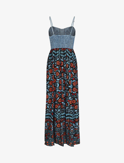 Robe longue bi-matière imprimé fleuri - Marine - 2