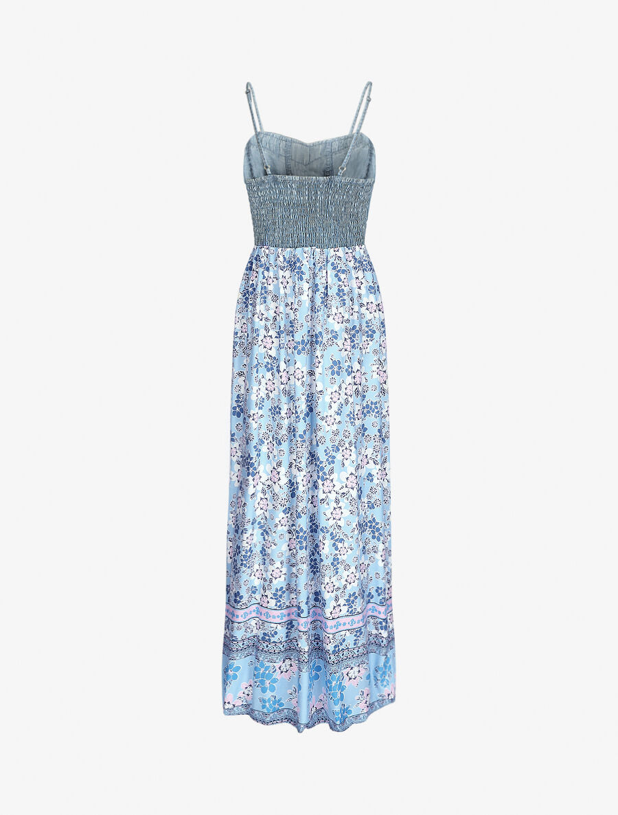 Robe longue bi-matière imprimé fleurs - Bleu ciel - 2