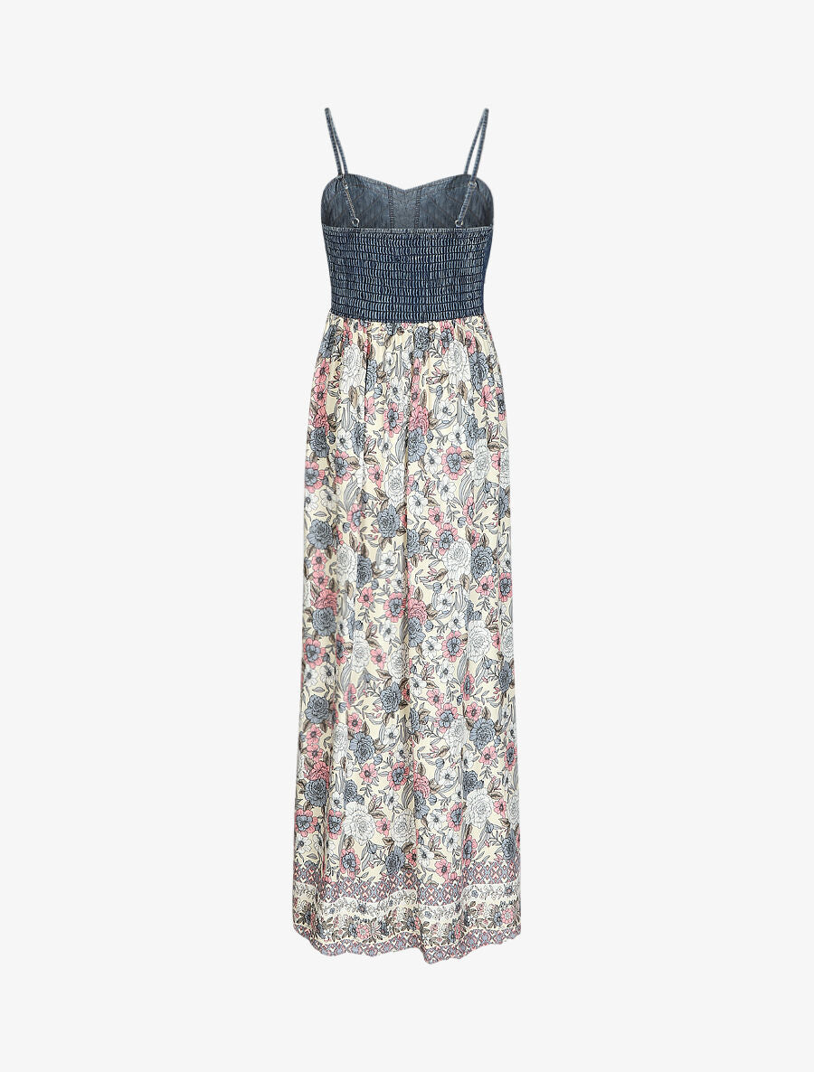 Robe longue bi-matière imprimé roses - Écru - 2
