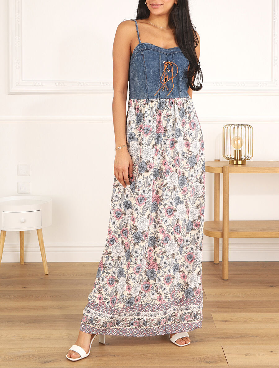 Robe longue bi-matière imprimé roses - Écru - 4