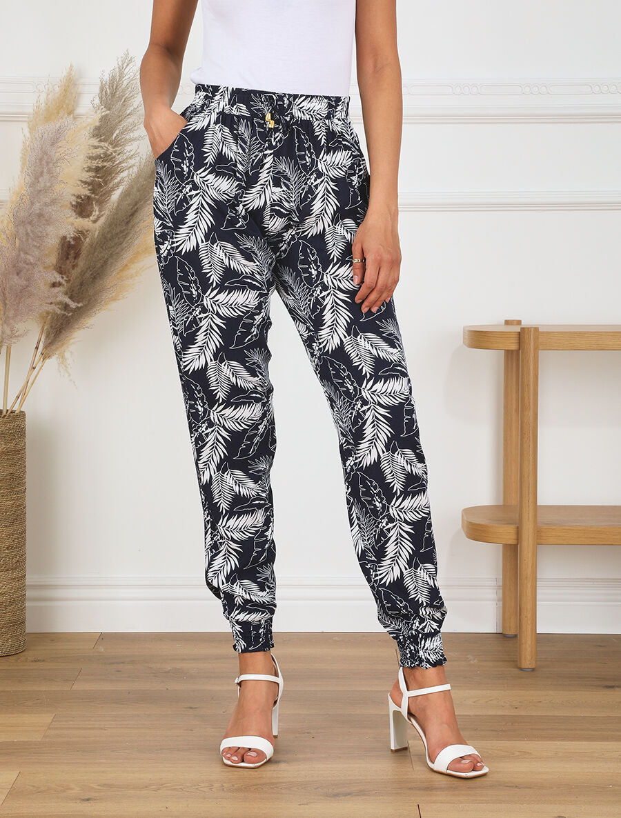 Pantalon ample imprimé feuilles à taille élastiquée - Bleu - 4