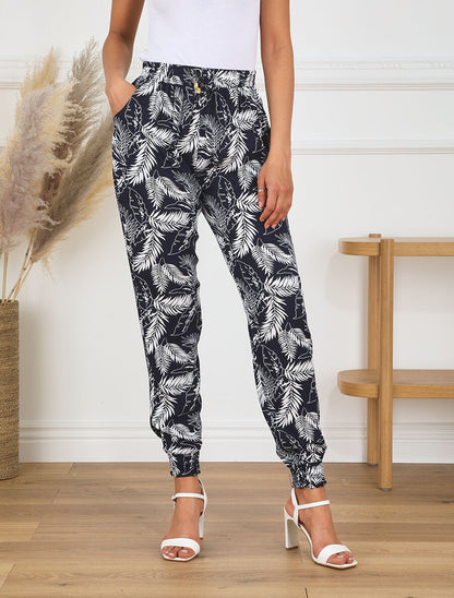 Pantalon ample imprimé feuilles à taille élastiquée - Bleu - 4