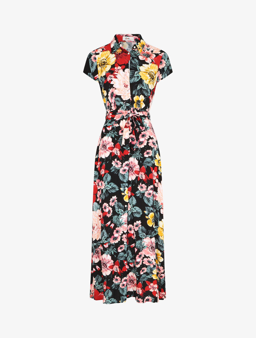Robe chemise longue imprimé grandes fleurs - Noir - 6