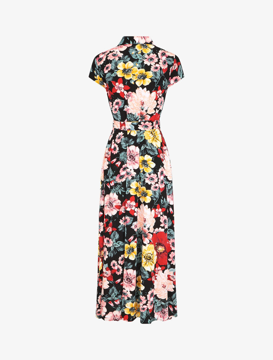 Robe chemise longue imprimé grandes fleurs - Noir - 2