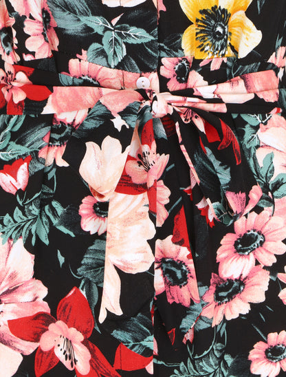 Robe chemise longue imprimé grandes fleurs - Noir - 3