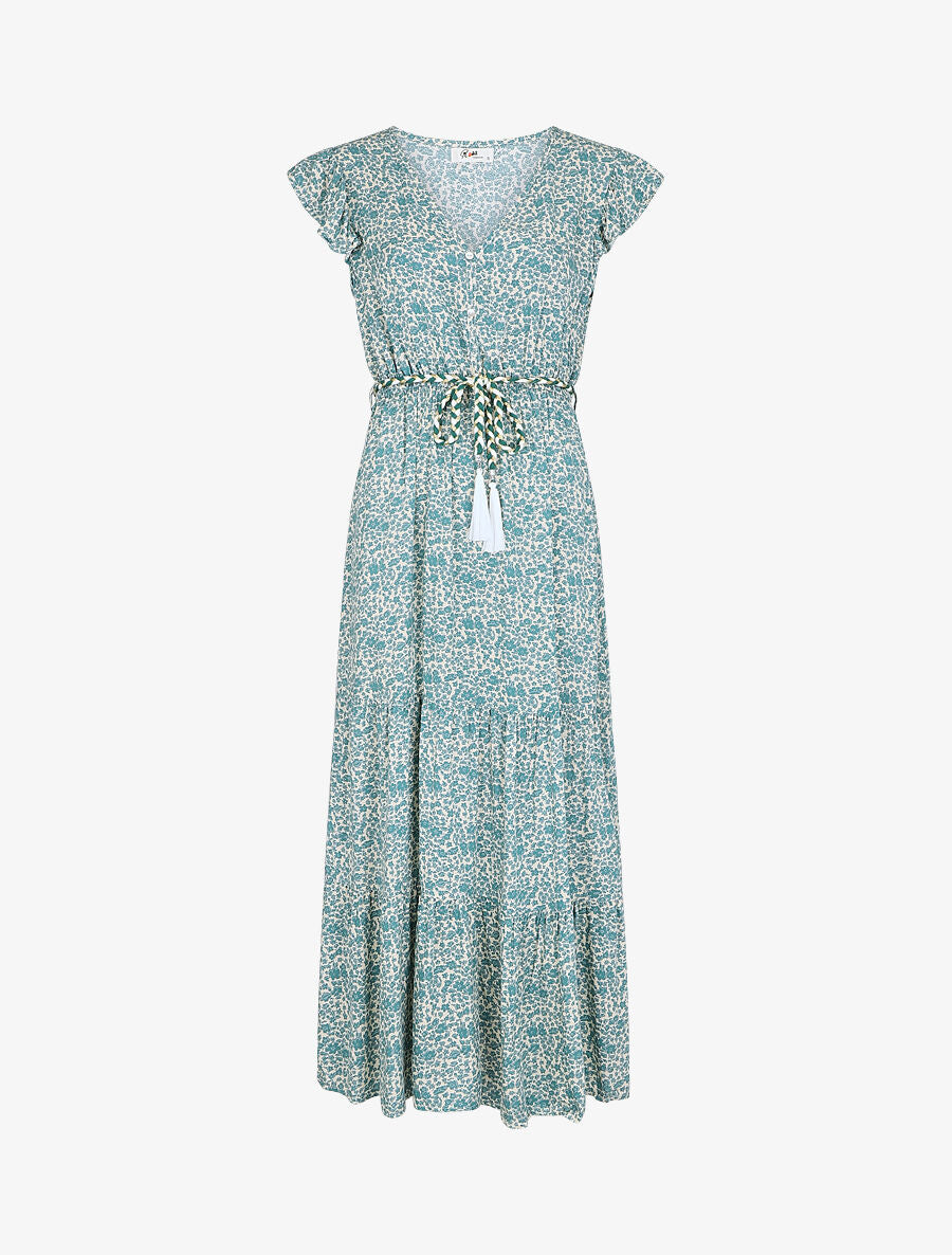 Robe longue évasée fleurie col V - Vert - 1