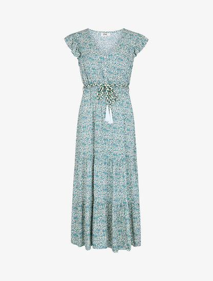 Robe longue évasée fleurie col V - Vert - 1