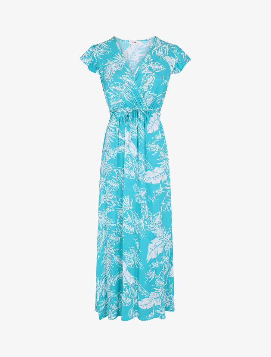 Robe longue col cache-coeur motif tropical - Bleu turquoise - 5