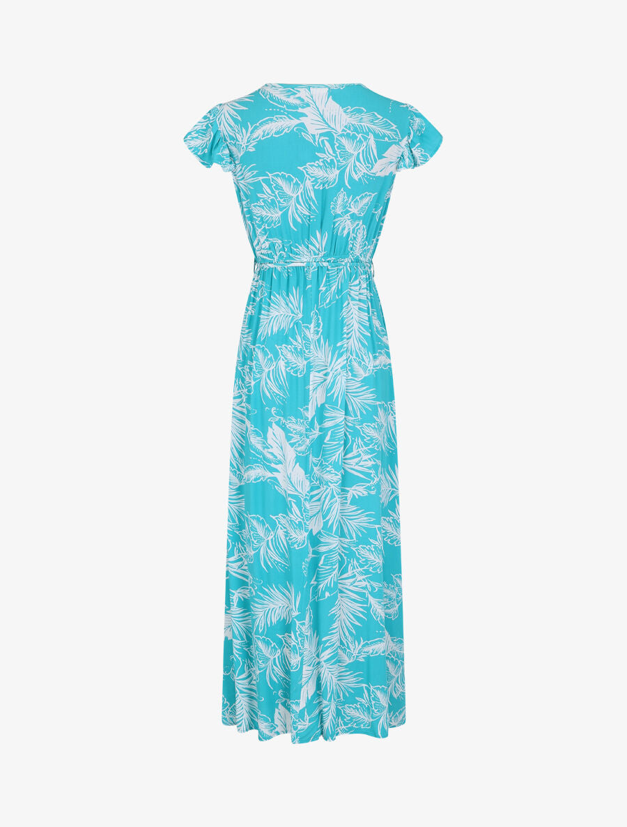 Robe longue col cache-coeur motif tropical - Bleu turquoise - 3