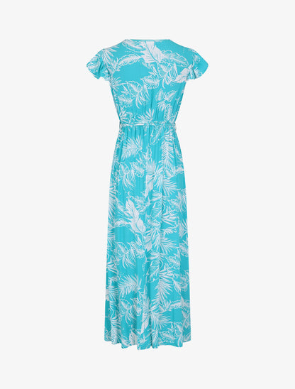 Robe longue col cache-coeur motif tropical - Bleu turquoise - 3