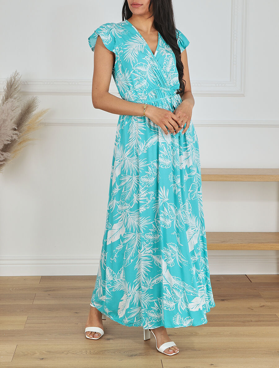 Robe longue col cache-coeur motif tropical - Bleu turquoise - 1