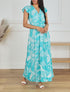 Robe longue col cache-coeur motif tropical - Bleu turquoise - 1
