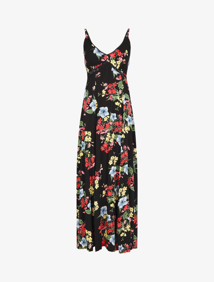Robe longue à fleurs et bretelles - Noir - 5