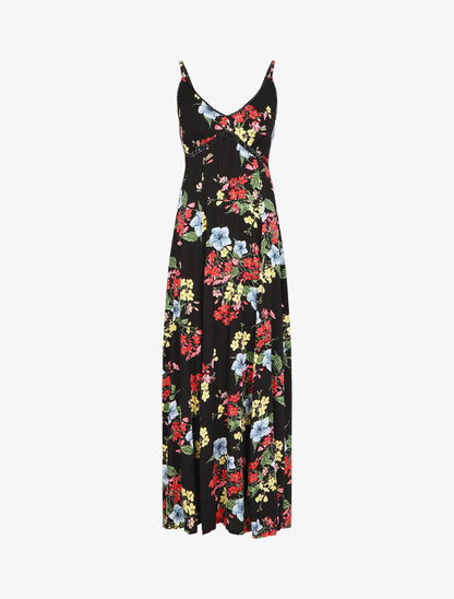 Robe longue à fleurs et bretelles - Noir - 5