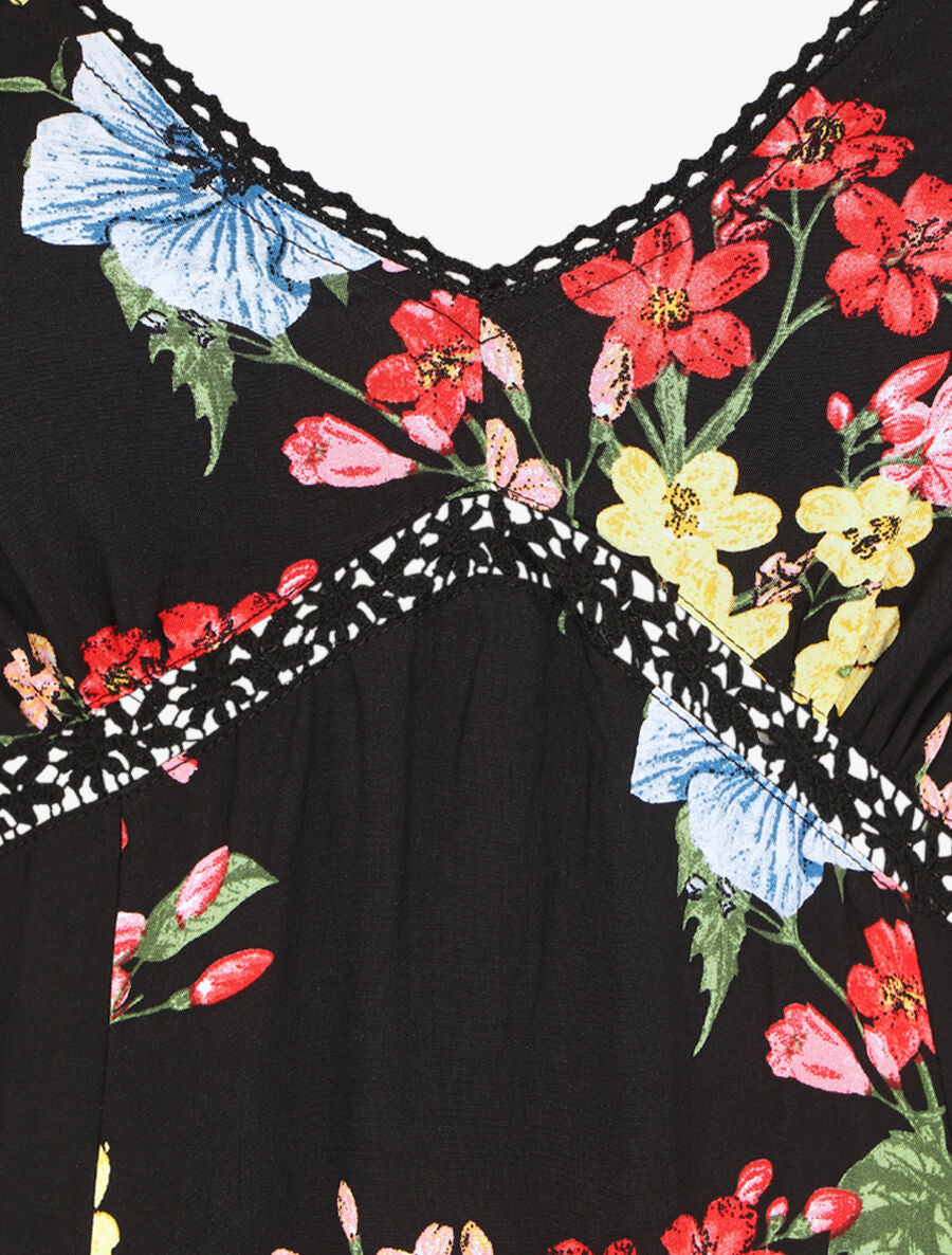 Robe longue à fleurs et bretelles - Noir - 3