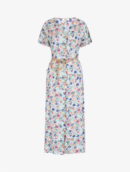 Robe longue droite manches courtes imprimé fleuri - Vert d&