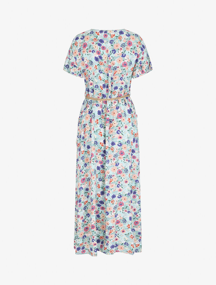 Robe longue droite manches courtes imprimé fleuri - Vert d&