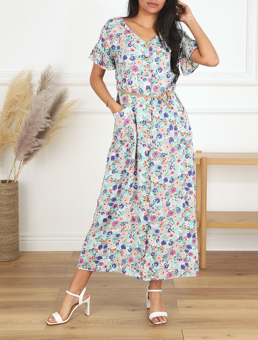 Robe longue droite manches courtes imprimé fleuri - Vert d&