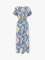 Robe longue droite manches courtes imprimé aztèque - Bleu - 5