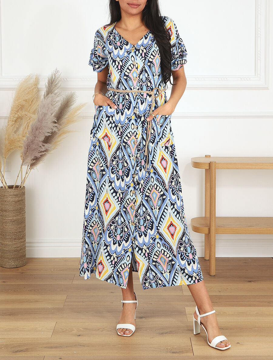 Robe longue droite manches courtes imprimé aztèque - Bleu - 4