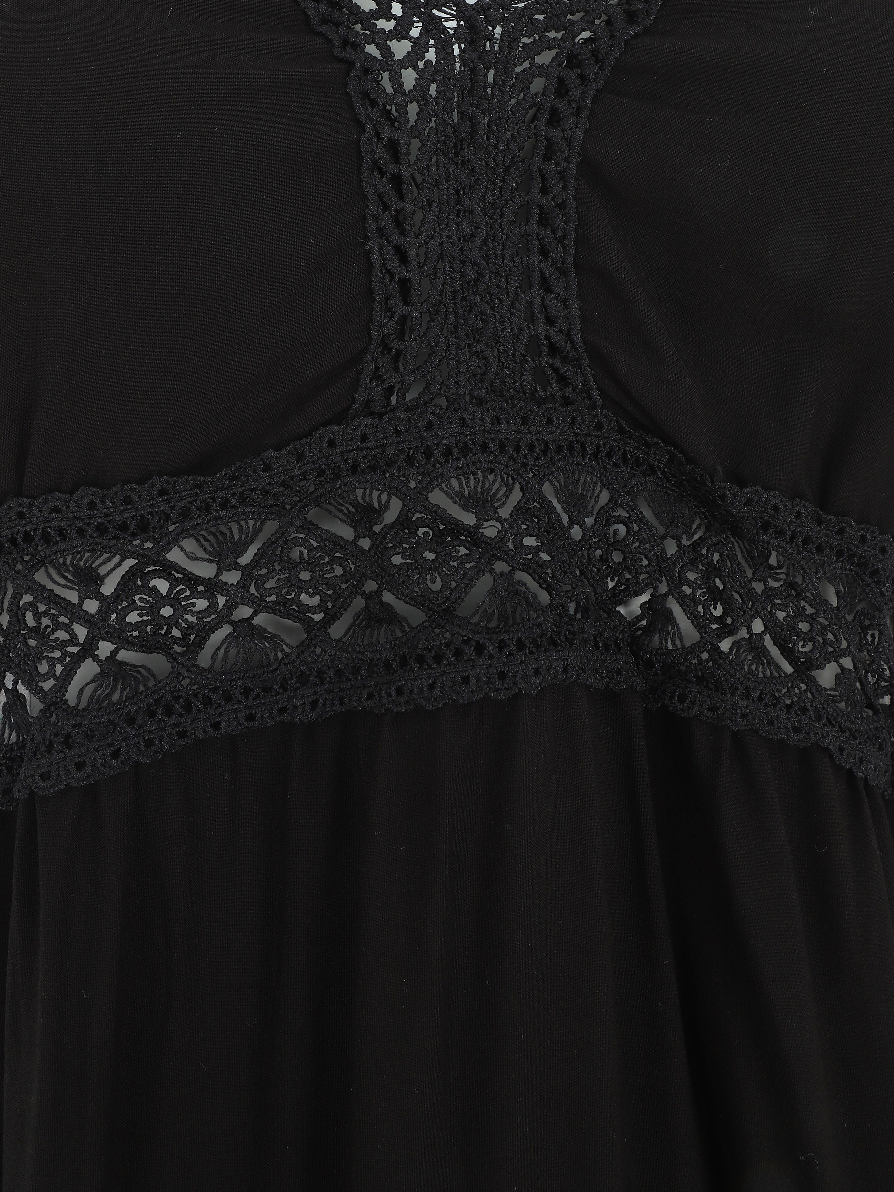 Robe longue unie à dentelle ajourée - Noir - 3
