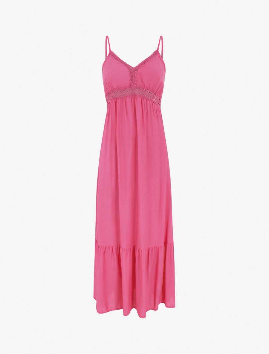 Robe longue unie à dentelle ajourée - Fuchsia - 5