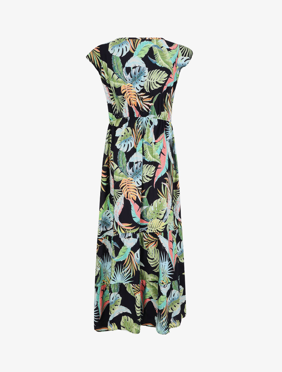 Robe longue évasée imprimé tropical - Marine - 2