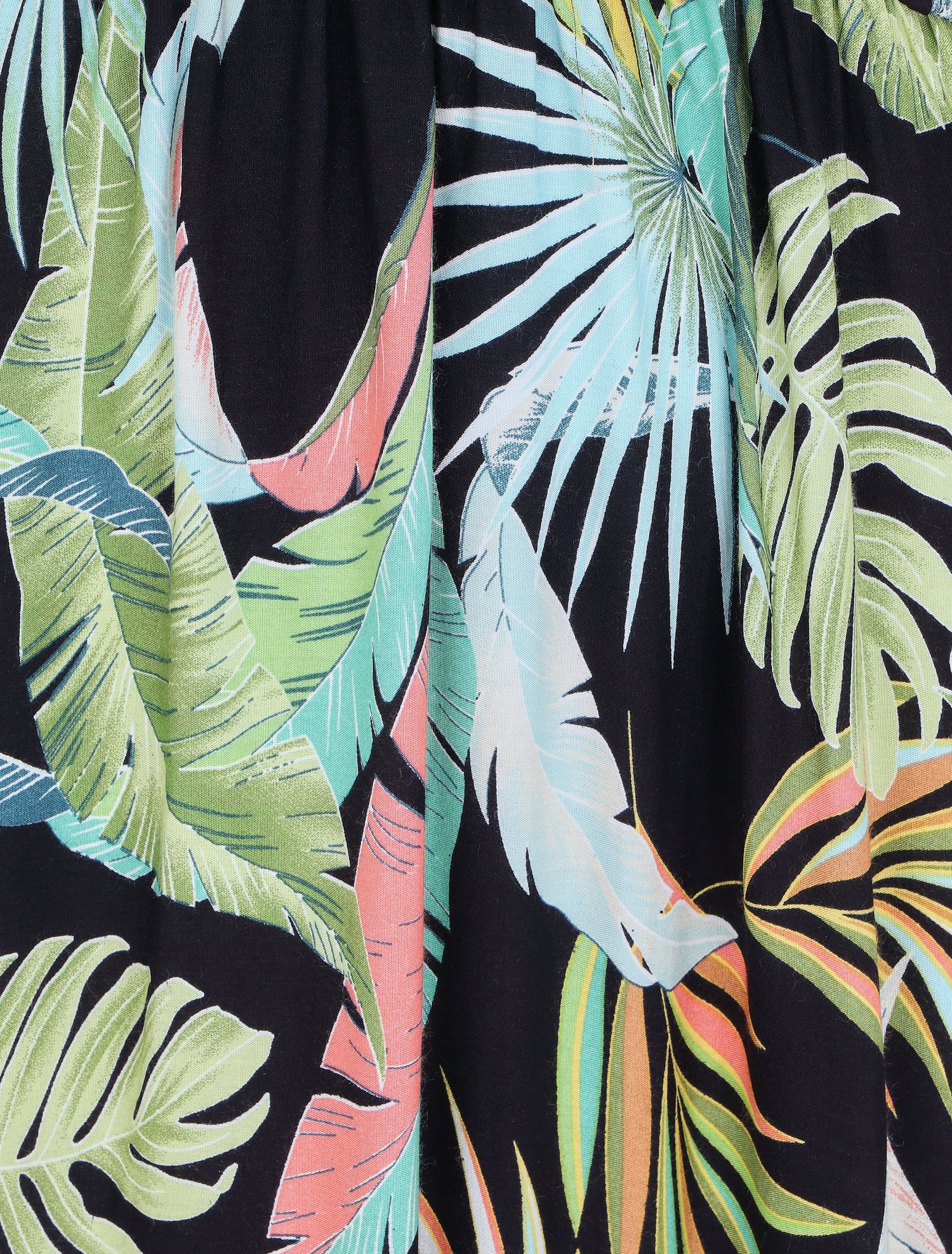 Robe longue évasée imprimé tropical - Marine - 3