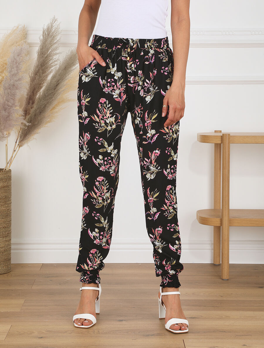 Pantalon style jogging imprimé fleuri - Noir - 4