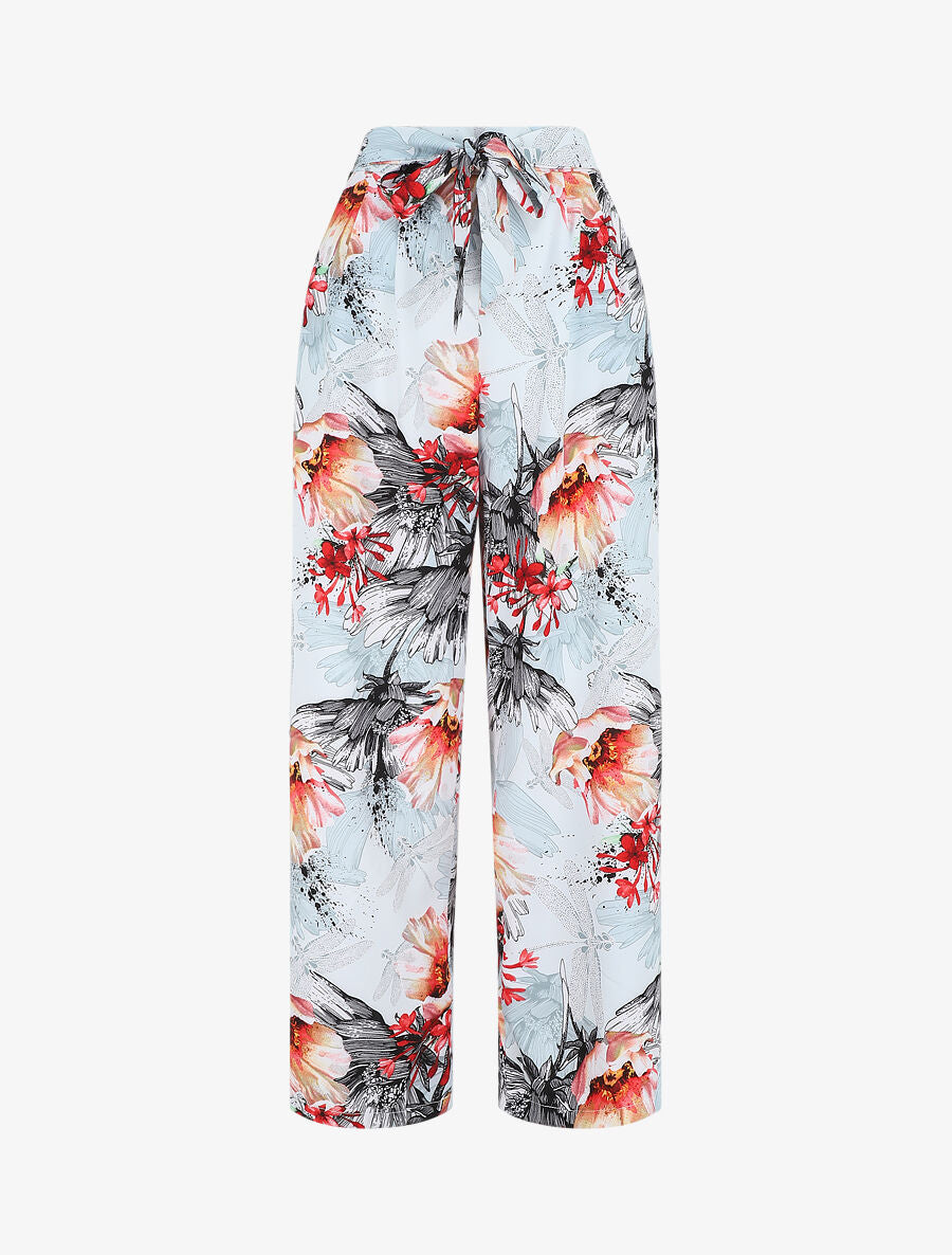 Pantalon ample motif fleurs fantaisies - Vert gris - 1