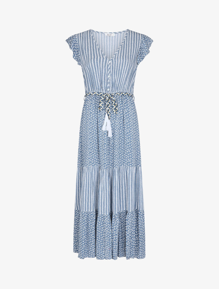 Robe longue à double imprimés - Bleu - 1