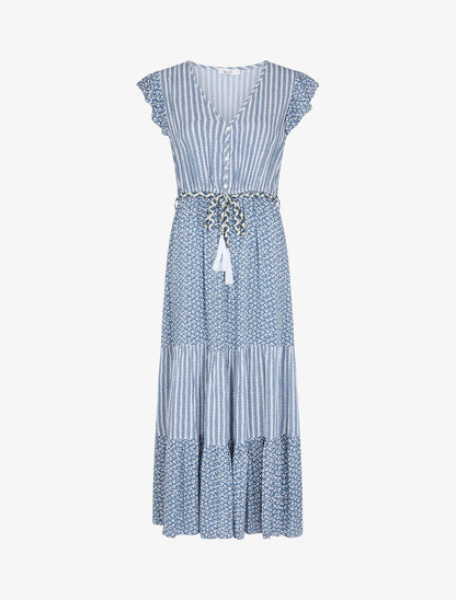 Robe longue à double imprimés - Bleu - 1