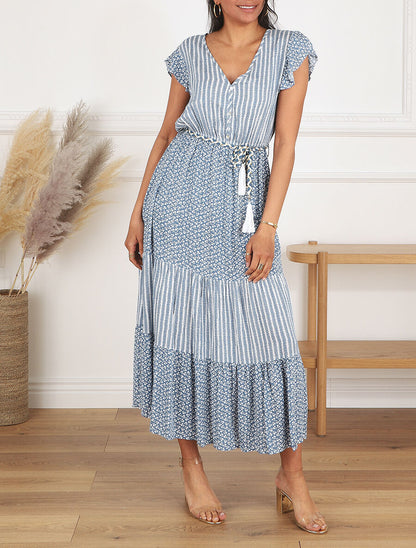 Robe longue à double imprimés - Bleu - 4
