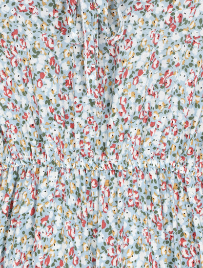 Robe longue à volants imprimé petites fleurs - Bleu clair - 3